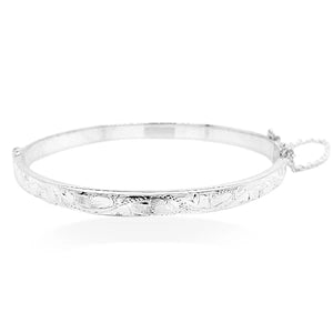 Sterling Silver Hollow Engraved Hinged Bangle with Safety Chain #
