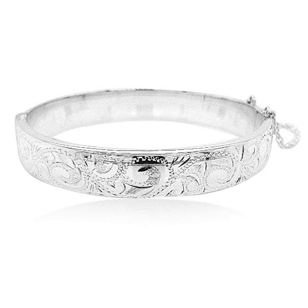 Sterling Silver Hollow Engraved Hinged Bangle With Safety Chain #24974