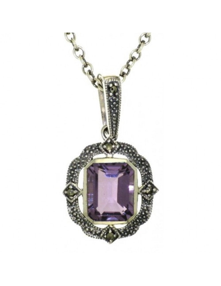 Sterling Silver Square Amethyst Marcasite Pendant #20296