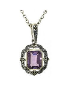 Sterling Silver Square Amethyst Marcasite Pendant #20296