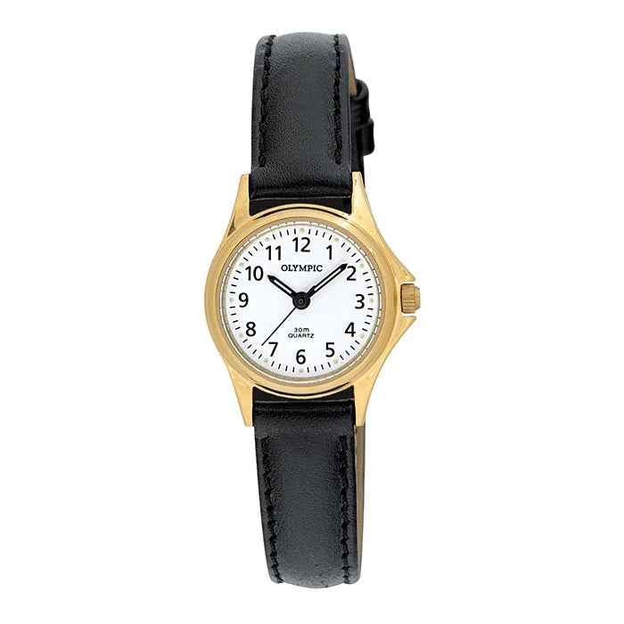 Olympic Ladies Plated 12 Figure Dial Black Leather Strap #