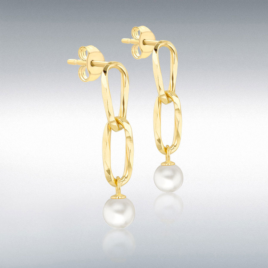 9ct Yellow Gold Double Link Fresh Water Pearl Drop Earrings #24549