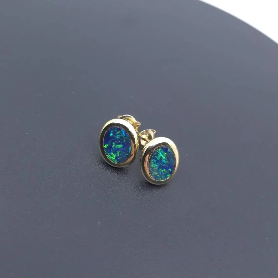 14ct Yellow Gold Oval Doublet Opal Earrings #19151