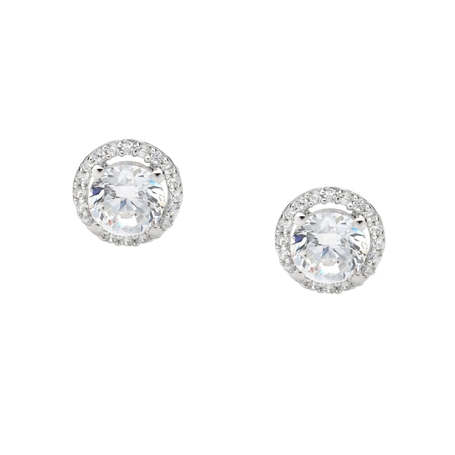 Ellani Sterling Silver CZ Solitaire with White CZ Surround Earrings #24664