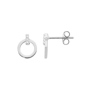 Ellani Sterling Silver 9mm Open Circle White CZ Bar Feature Stud Earrings #24766