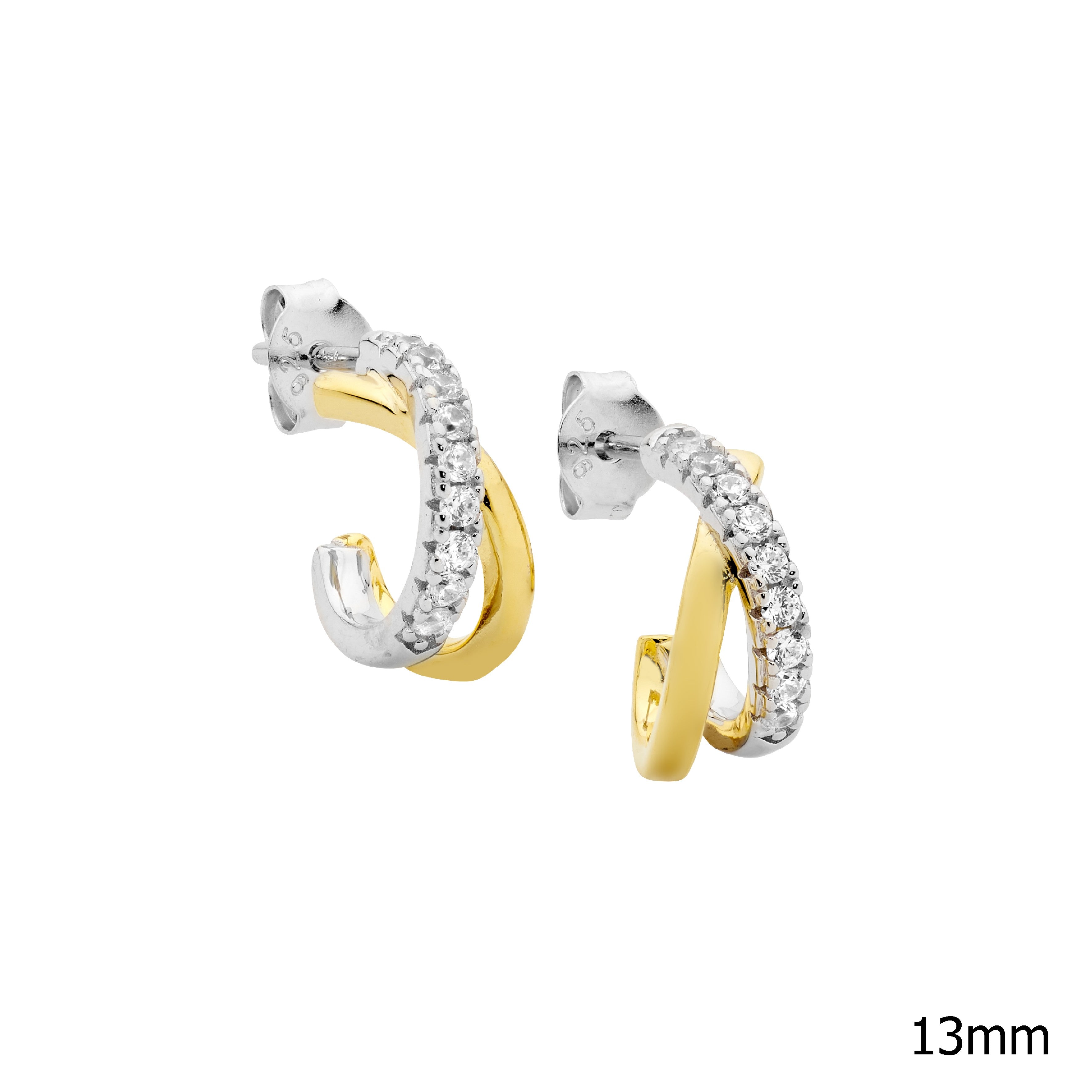 Sterling Silver Ellani Gold Plated Cross Over Hoop Earrings #