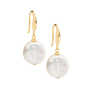 Ellani 12mm Freshwater Coin Pearl Gold Plated Earrings #25151