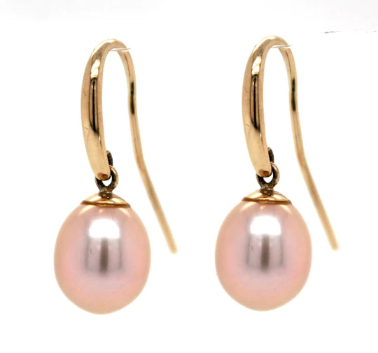 9ct Yellow Gold Classic Pink FWP Drop Hook Earrings #24060