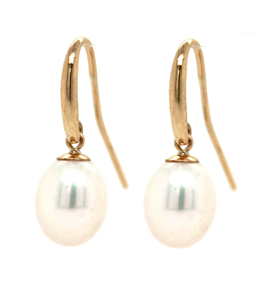 9ct Yellow Gold Classic White FWP Drop Hook Earrings #24058