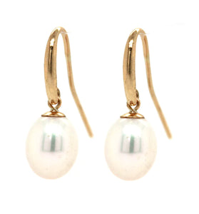 9ct Yellow Gold Classic White FWP Drop Hook Earrings #