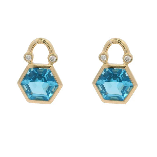 9ct Yellow Gold Round London Blue Topaz & Diamond Dangle Earrings #24977