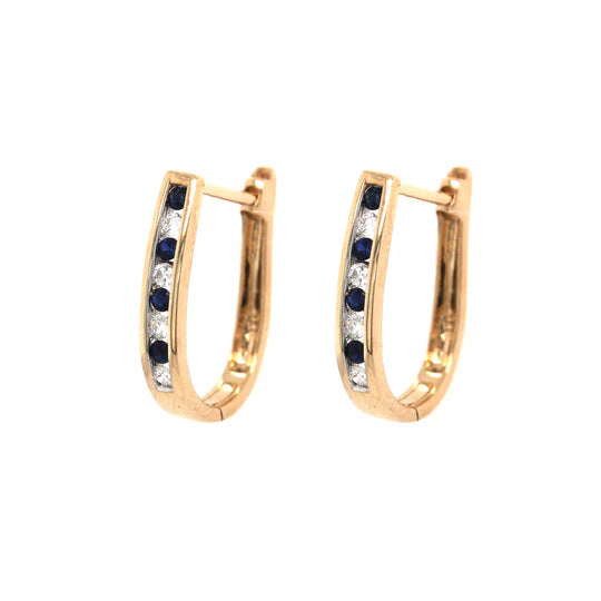 9ct Yellow Gold Diamond & Sapphire Channel Set Huggie Earrings #19290