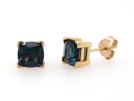 9ct Yellow Gold London Blue Topaz 6mm Cushion Stud Earrings
