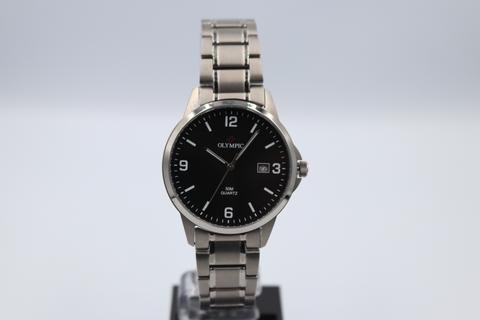 Olympic Gents Titanium Black Dial Leather Strap Watch Expanding Strap #24796