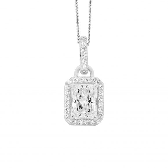 Ellani Sterling Silver Cubic Zirconia Emerald Cut Pendant #19772