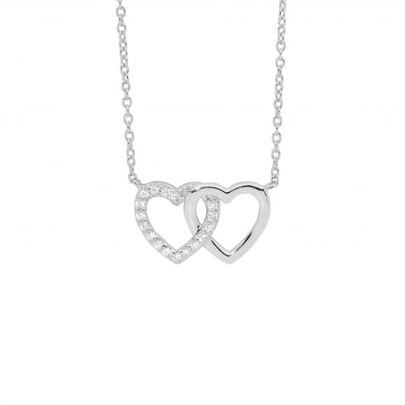 Ellani Sterling Silver White CZ Double Linked Heart Pendant with Attached Chain #24770