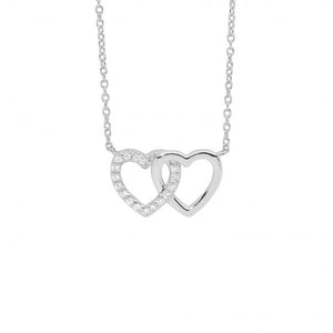 Ellani Sterling Silver White CZ Double Linked Heart Pendant with Attached Chain #24770