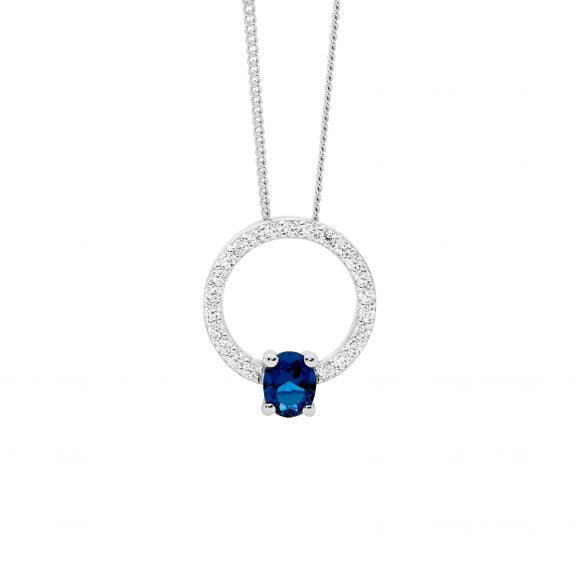 Sterling Silver Ellani White CZ 13mm Open Circle Pendant with London Blue CZ #24344