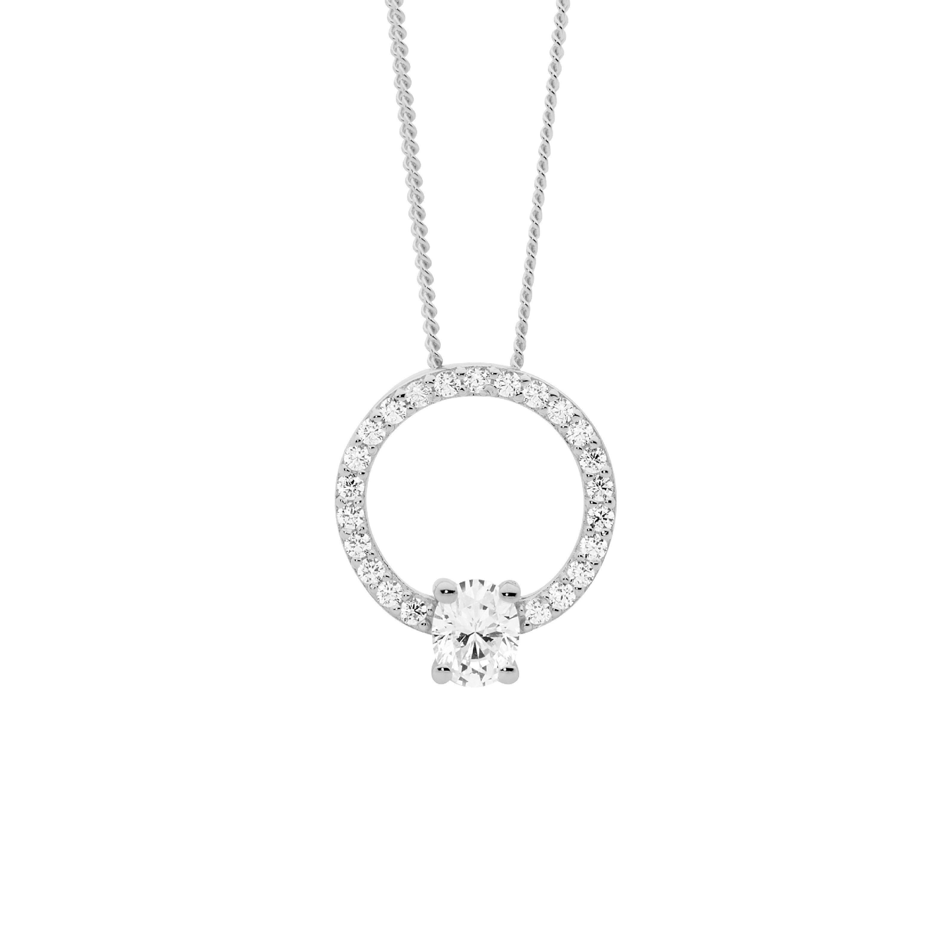 Ellani Sterling Silver White CZ Open Circle Pendant with White Oval CZ #23912
