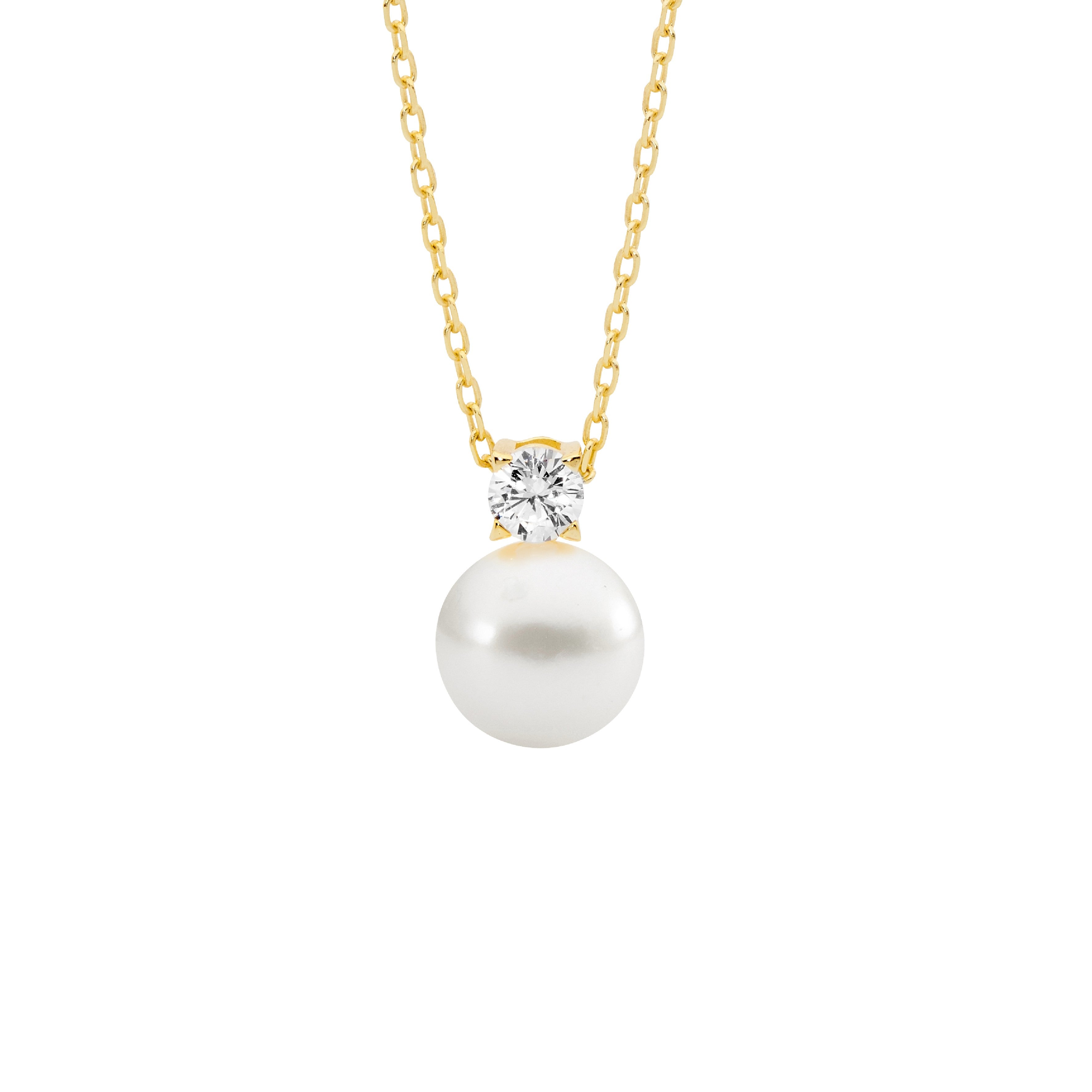 Sterling Silver Ellani Gold Plated Freshwater Pearl & CZ Pendant #