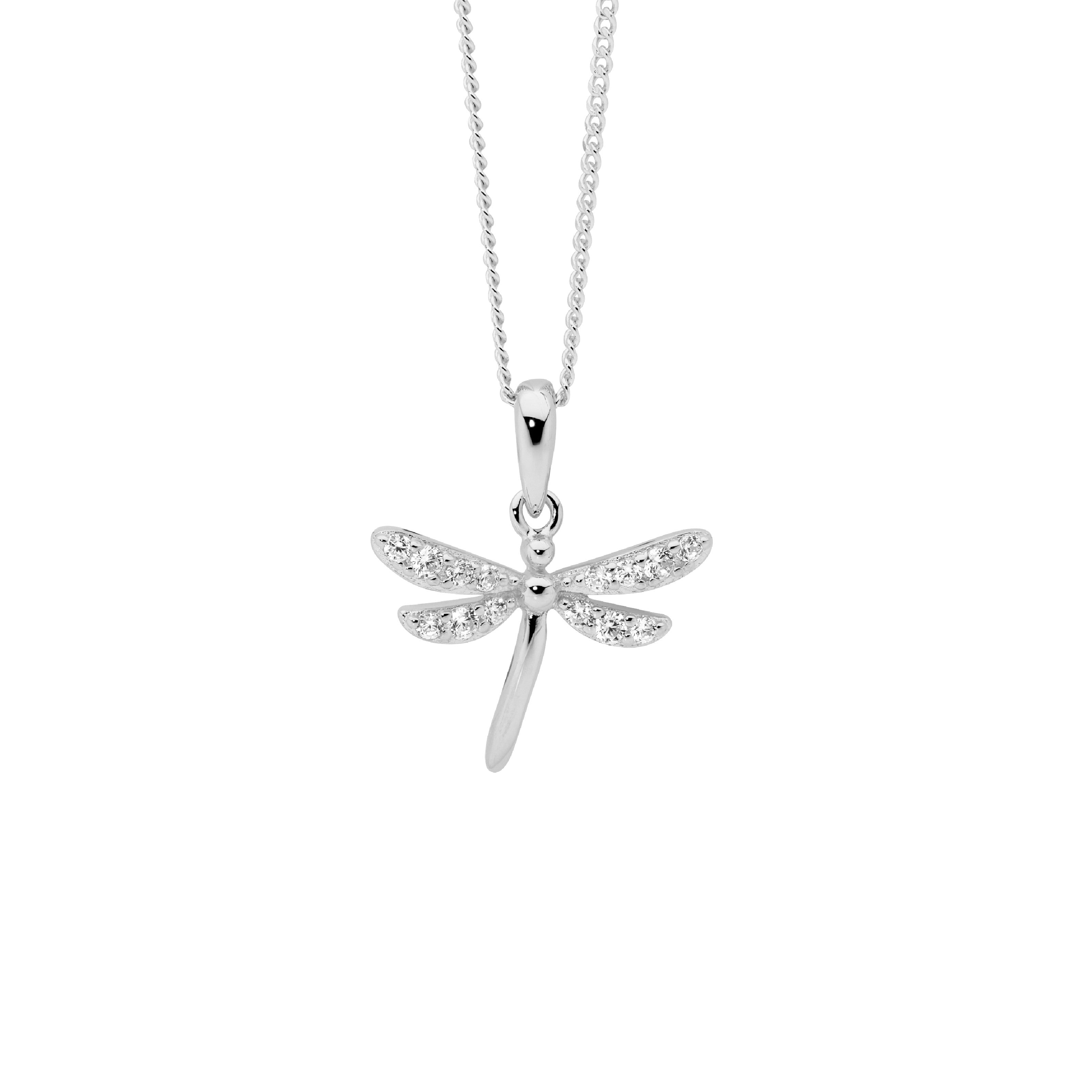 Ellani Sterling Silver White CZ Dragonfly Pendant #24674