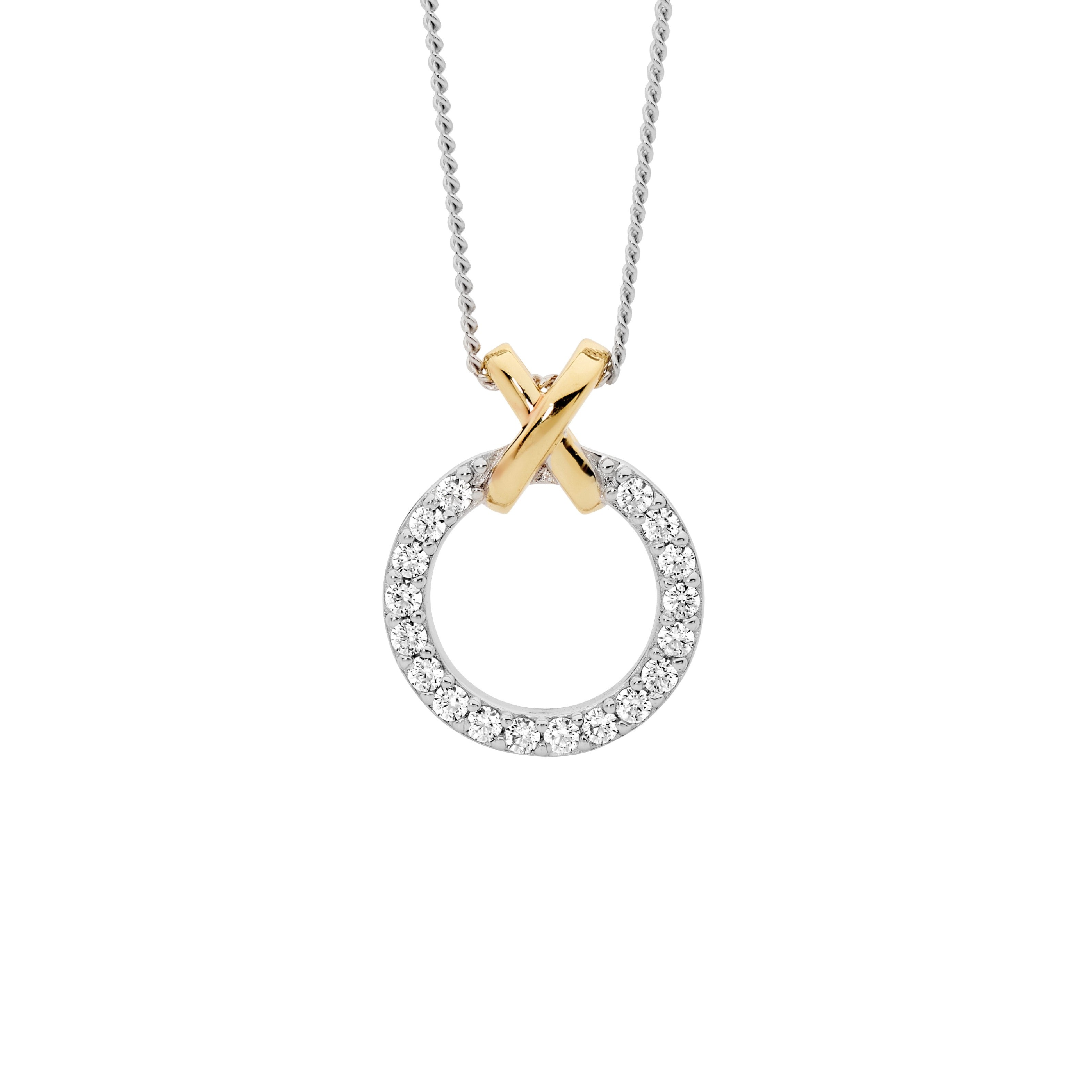 Ellani Sterling Silver with Cubic Zirconia 13mm Circle X Pendant #25374
