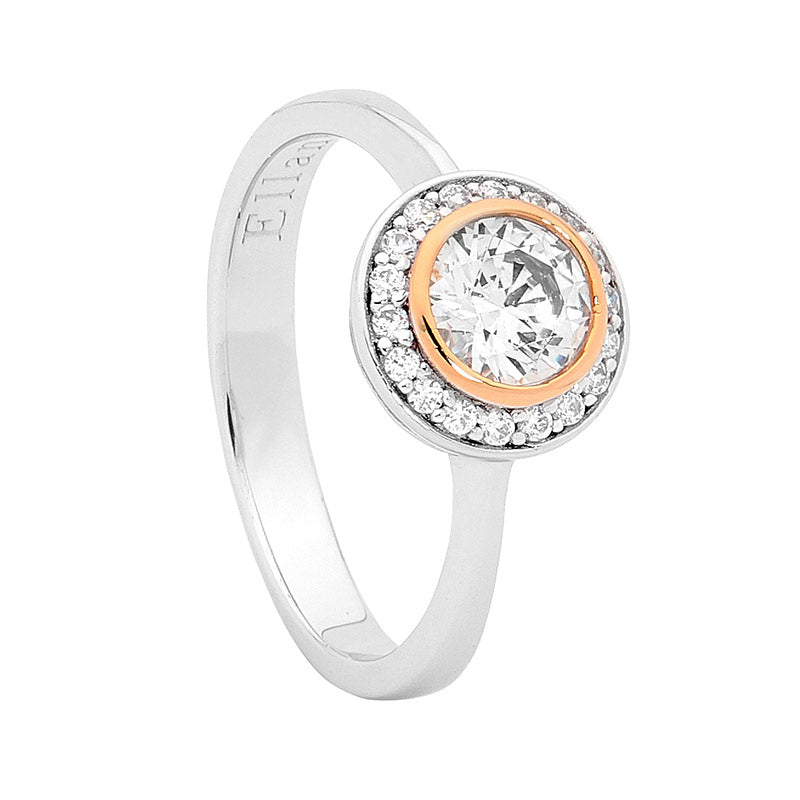 Ellani Sterling Silver & Cubic Zirconia with Rose Gold Plated Bezel Ring #19115