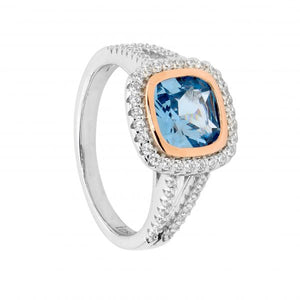 Ellani Sterling Silver Blue Spinel Cushion Cut Rose Gold Plated Bezel Split Band Ring #24091