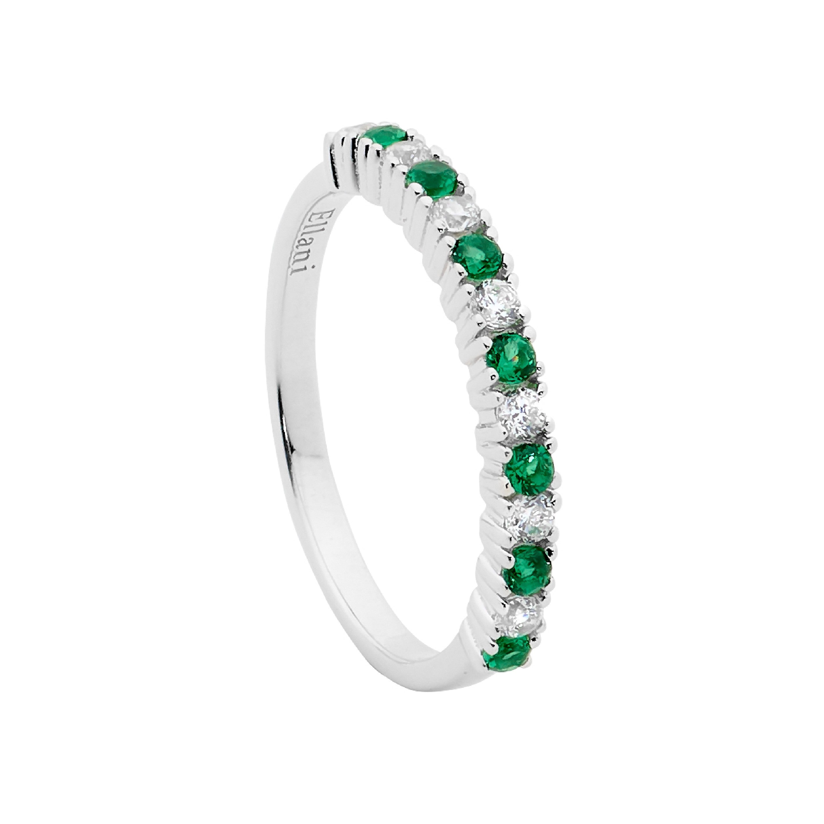 Ellani Sterling Silver Cubic Zirconia Single Row White & Green Ring #24347