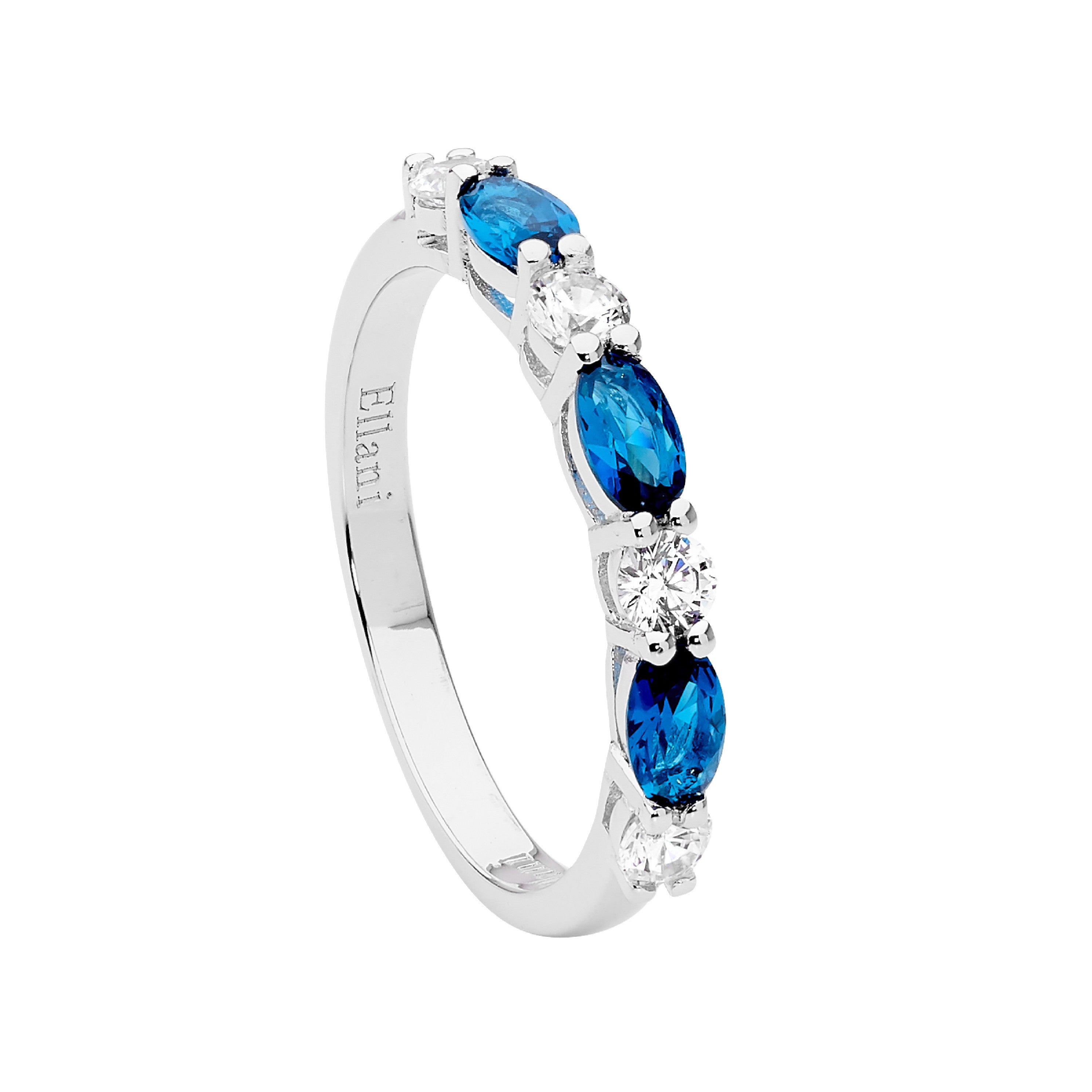Ellani Sterling Silver London Blue Oval With White Round CZ Ring #24675
