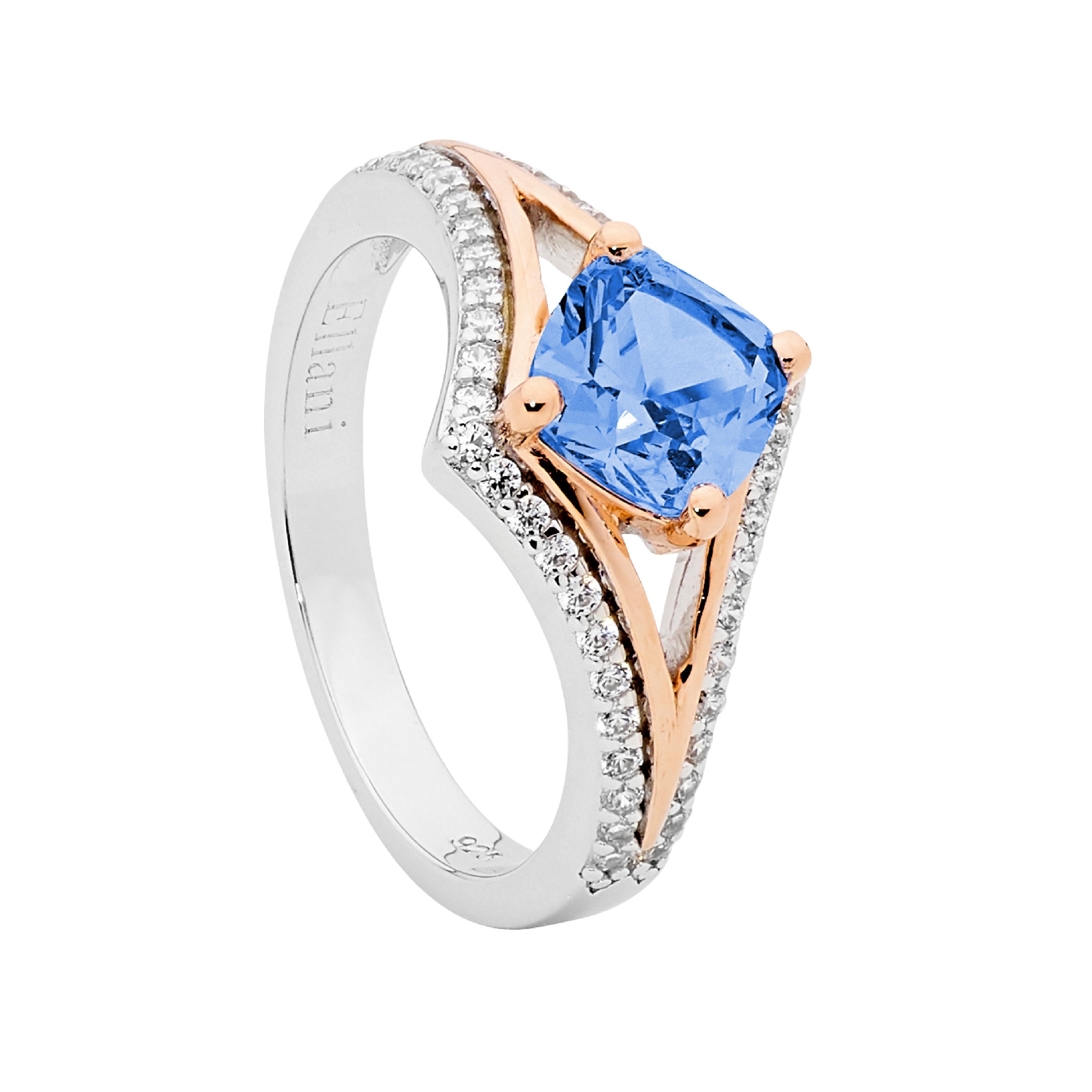 Ellani Sterling Silver White CZ open V Cushion Cut Spinel Rose Gold Plated Ring #25154