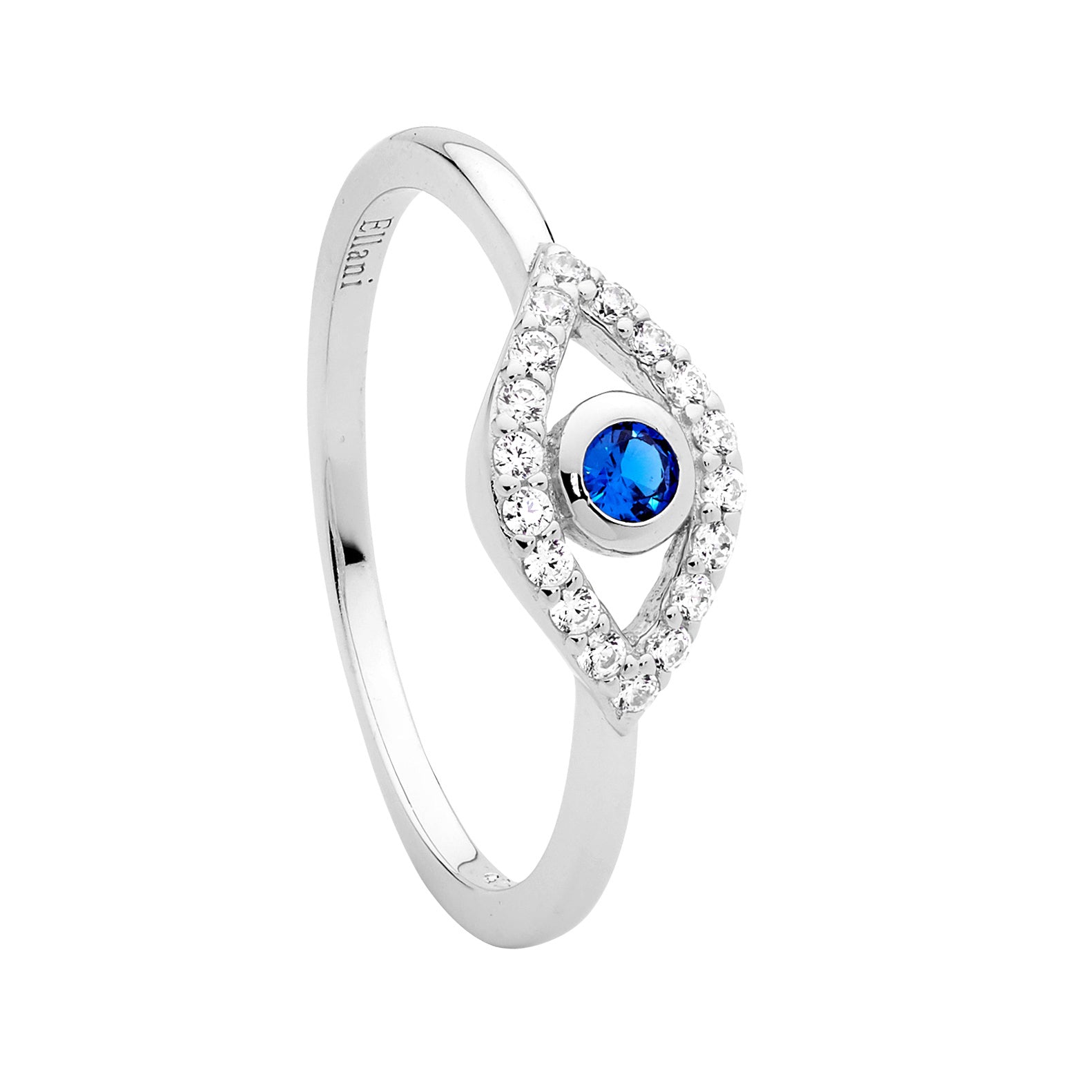 Ellani Sterling Silver Blue CZ Bezel Set Evil Eye Ring #24350
