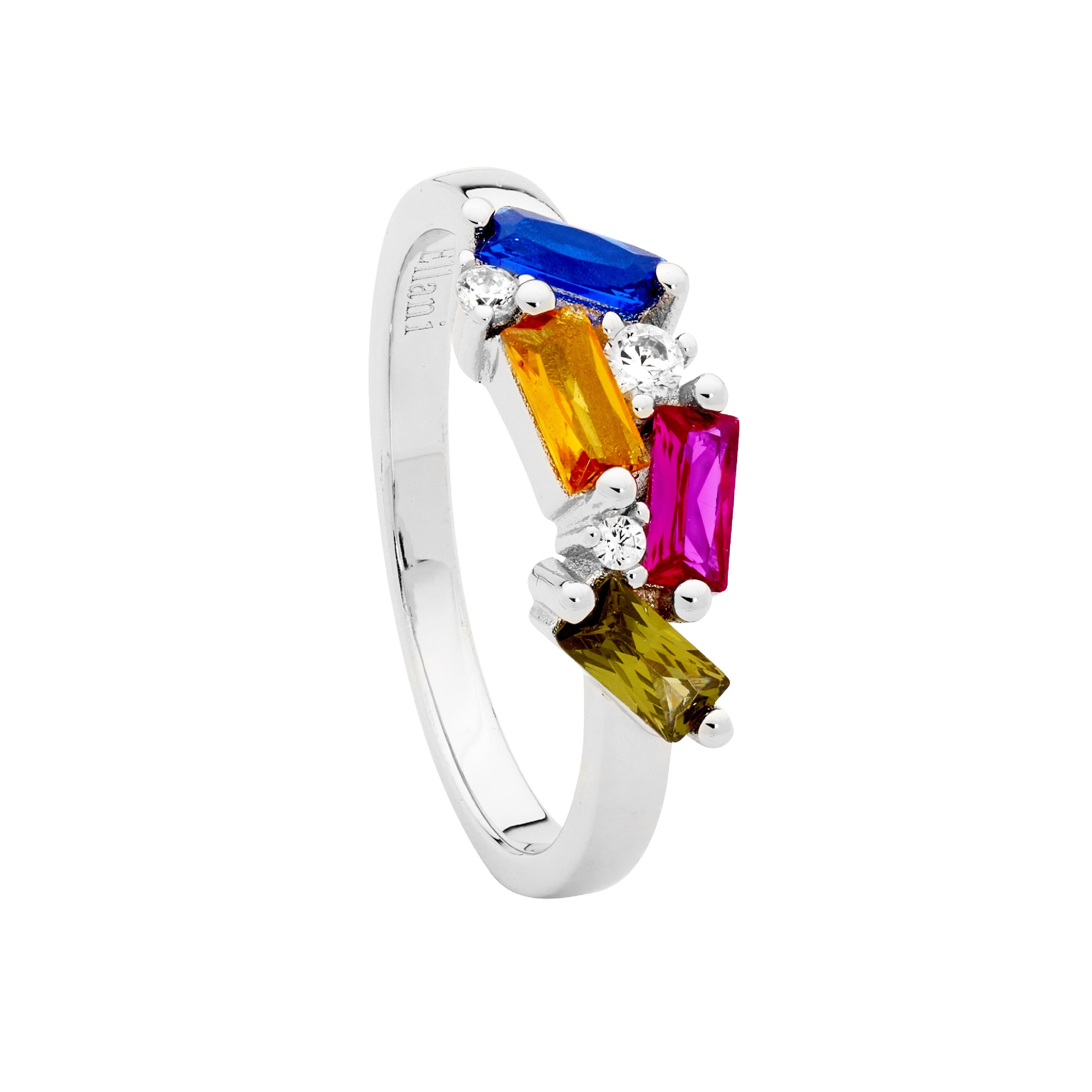 Ellani Sterling Silver Staggered Baguette Multi Colour CZ Ring #