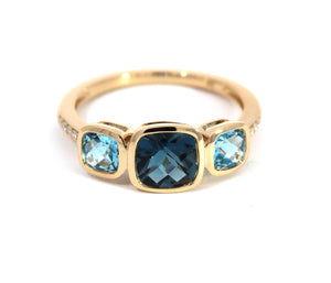 9ct Yellow Gold London Blue Topaz & Diamond 3 Stone Dress Ring #