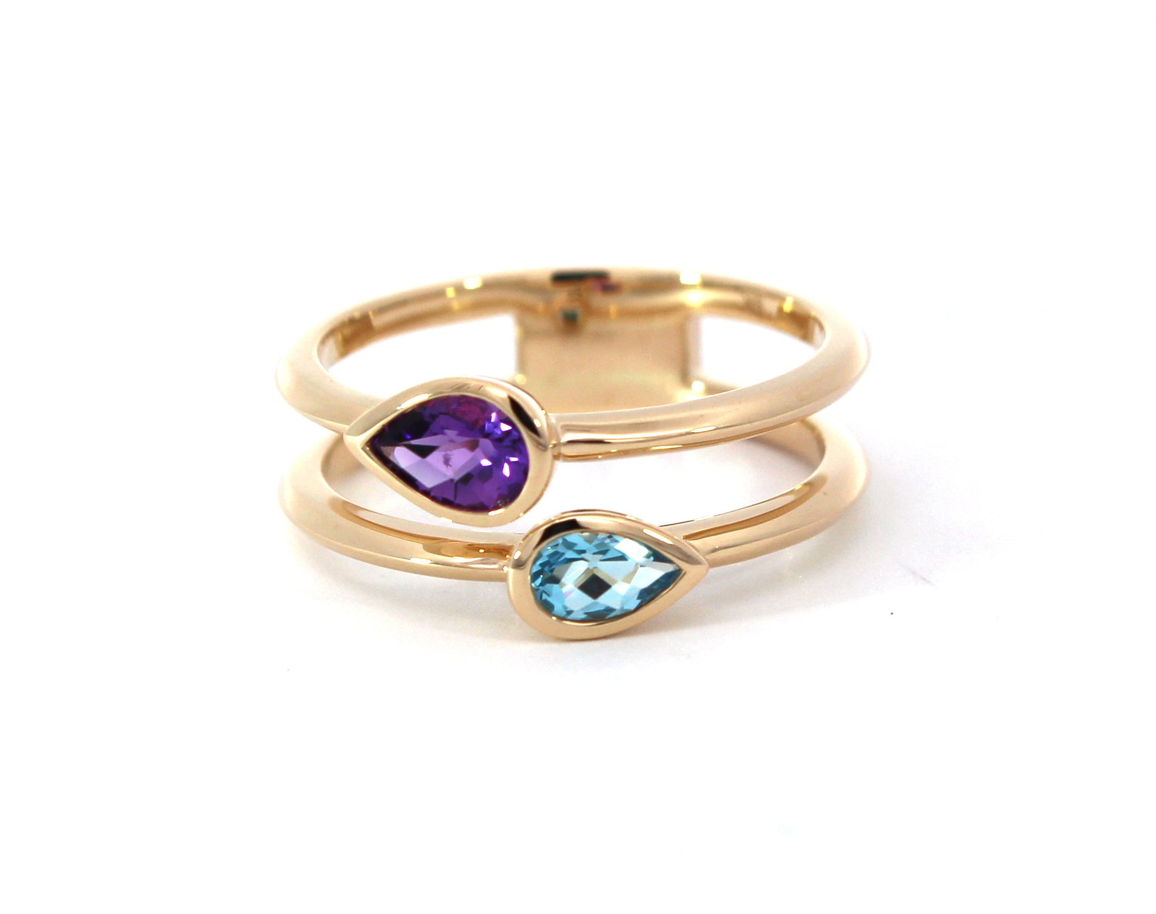9ct Yellow Gold Amethyst & Blue Topaz Pear Duo Ring #24258