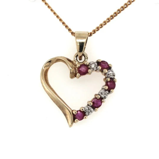 9ct Yellow Gold Ruby & Diamond Half Gem Heart Pendant #