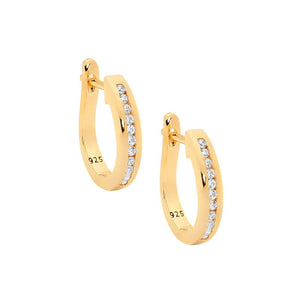 Sterling Silver White Cubic Zirconia Chanel Set 18mm Gold Plated Hoops #23906