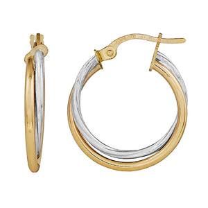 9ct Yellow & White Gold Twist Round Plain Hoop Earrings #23193