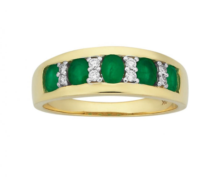 9ct Yellow Gold Natural Emerald Diamond Band #24119