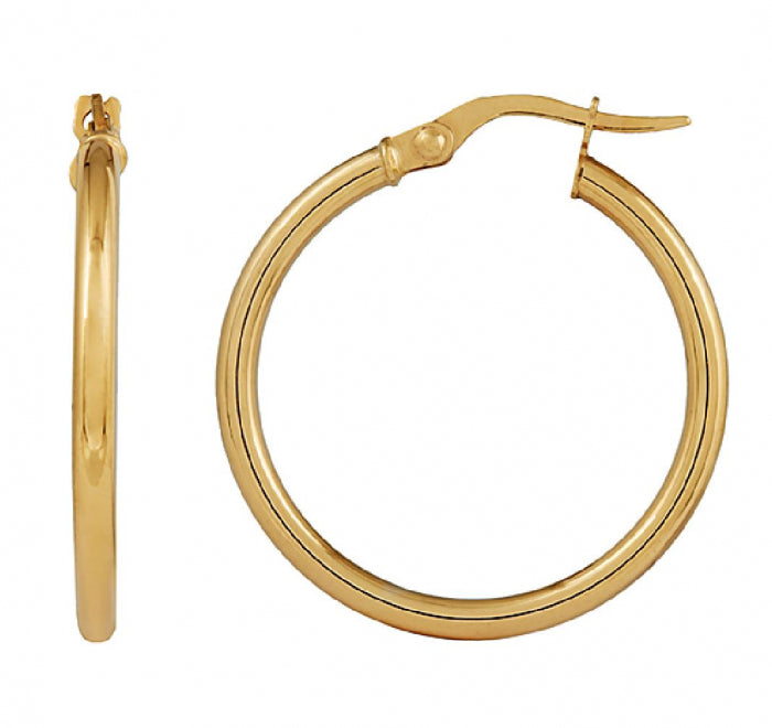 9ct Yellow Gold 2mm x 20mm Plain Tube Hoop Earrings#23195