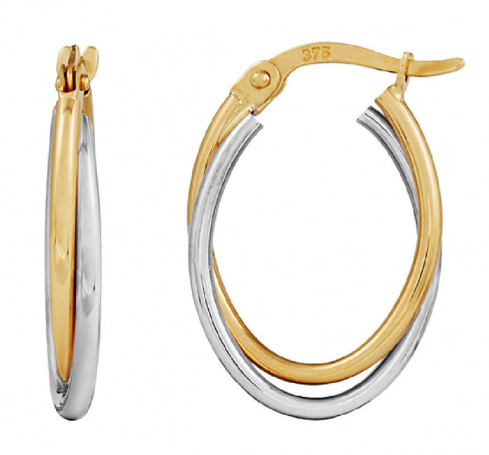 9ct Yellow/White Gold Twist Oval Hoop Earrings #23952