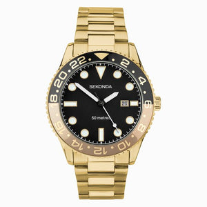 Sekonda Ocean Men’s Watch | Gold Alloy Case & Stainless Steel Bracelet with Black Dial #24745