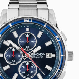 Sekonda Midnight Chronograph Men’s Watch | Silver Alloy Case & Stainless Steel Bracelet with Blue Dial #24747