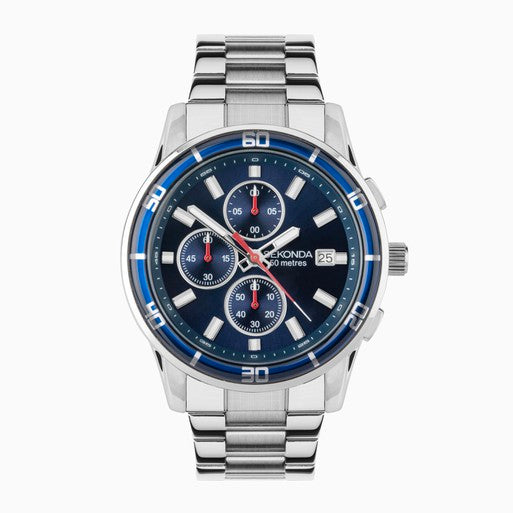 Sekonda Midnight Chronograph Men’s Watch | Silver Alloy Case & Stainless Steel Bracelet with Blue Dial #24747