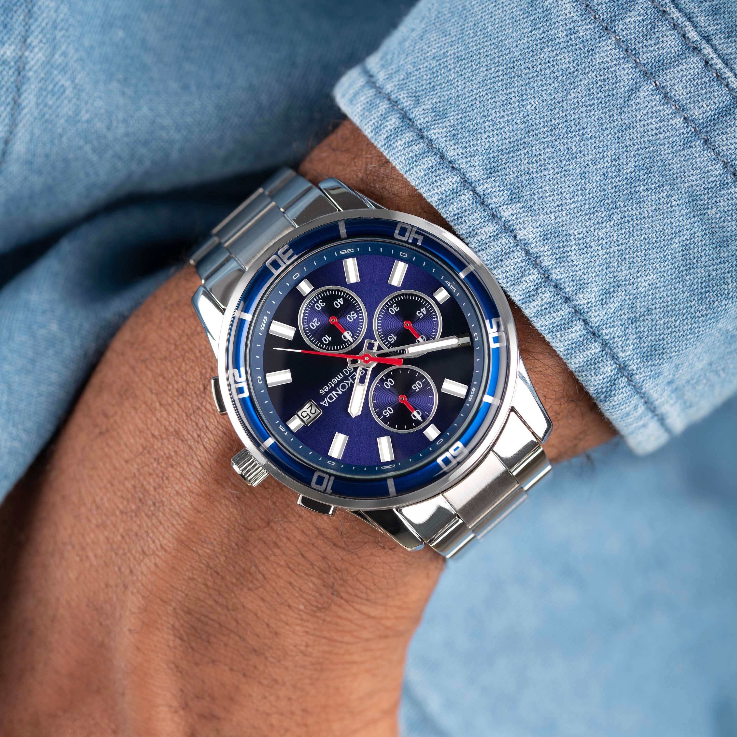 Sekonda Midnight Chronograph Men’s Watch | Silver Alloy Case & Stainless Steel Bracelet with Blue Dial #24747