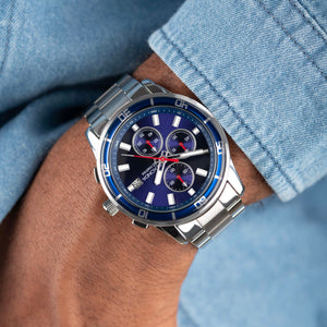 Sekonda Midnight Chronograph Men’s Watch | Silver Alloy Case & Stainless Steel Bracelet with Blue Dial #24747