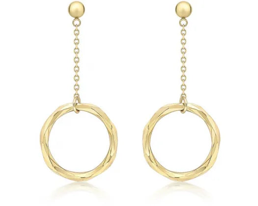 9ct Yellow Gold Diamond Cut Ring & Drop Chain Earrings #23696