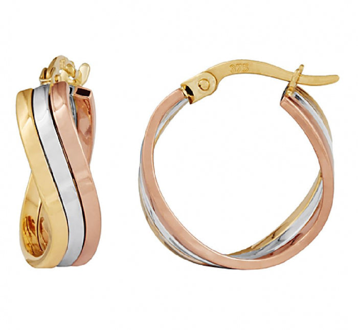 9ct Yellow White & Rose Gold Twisted Hoop Earrings #
