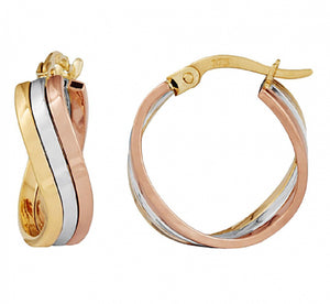 9ct Yellow White & Rose Gold Twisted Hoop Earrings #