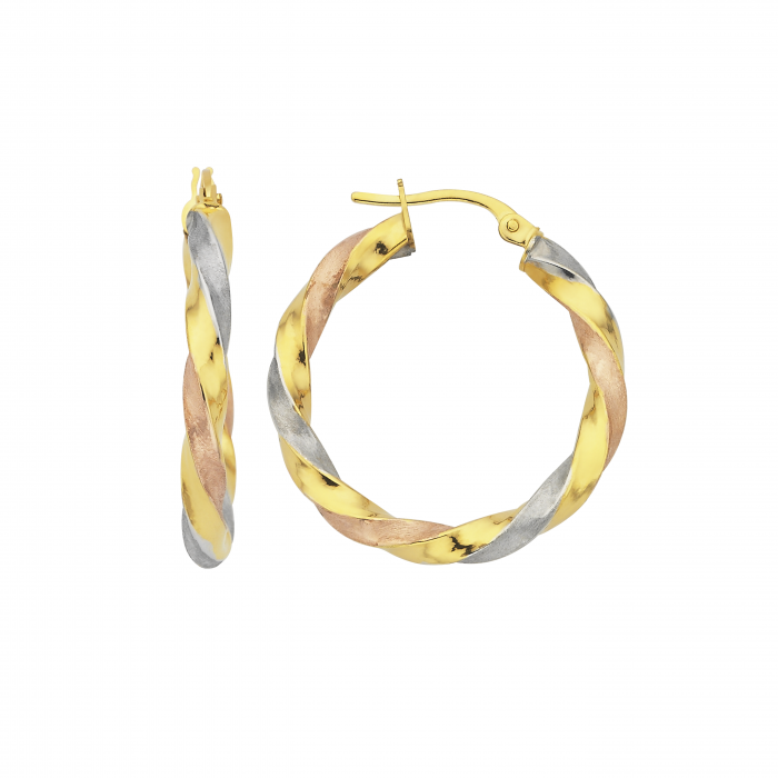 9ct Yellow White & Rose Gold Ribbon Twist Hoop Earrings #22825